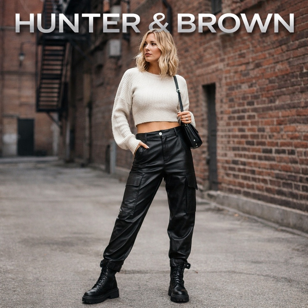 Hunter & Brown Black Faux Leather Cargo Pants Utility Streetwear Moto Y2K,Size M